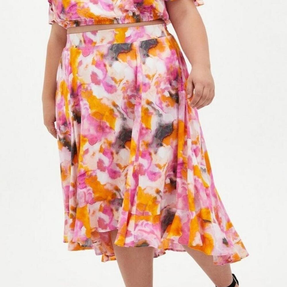 Torrid Women Tie Dye Watercolor Skirt Plus Size 0X Hi Low Ruffle Hem Boho Hippie